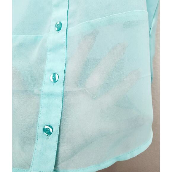 Mine Teal Sleeveless Button Up Top Small Lightweight Sheer Hem Breast Pockets - Picture 3 of 6